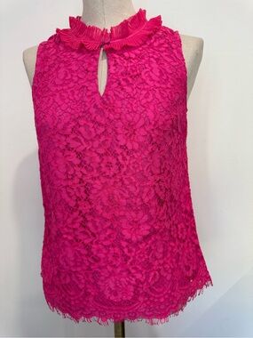 J. Crew  Hot Pink Lace Sleeveless Top with Ruffle Neck